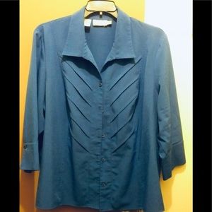 Blue button down blouse with pleats